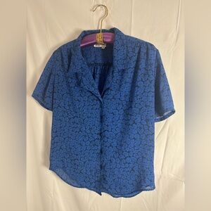 VTG Blue+Black Micro Floral Oversized Whimsigoth Short Sleeve Button Down Size M